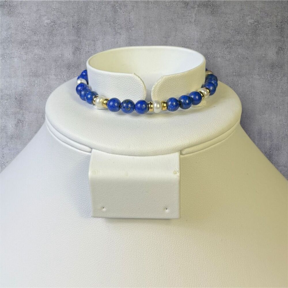 285. Vintage Lapis Lazuli‎ & Pearl Bangle Cuff Bracelet Adjustable